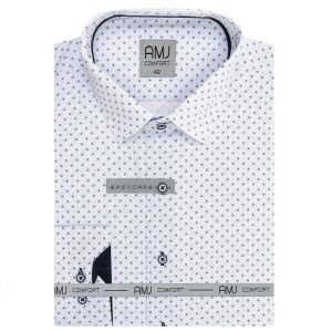 Pánská košile AMJ bavlněná, bílá s černými kvítky a tečkami, VDBR1244, dlouhý rukáv (regular + slim-fit)