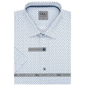 Pánská košile AMJ bavlněná, bílá s modrými trojúhelníky VKBR1148, krátký rukáv (regular + slim fit)