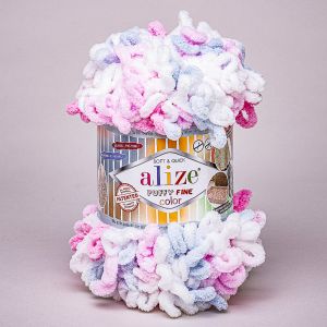 Pletací příze Alize PUFFY FINE COLOR 5945 růžovo-bílo-modrý melír, efektní, 100g/14m
