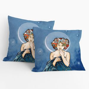 Polštářek ALFONS MUCHA MOON, modrý, 40x40cm