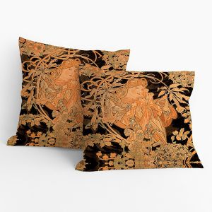 Polštářek ALFONS MUCHA ŽENY S KVĚTINAMI, béžovo-černý, 40x40cm