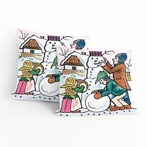 Dětský polštářek JOSEF LADA SNĚHULÁK, bílý zimní vzor, 40x40cm