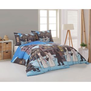 Povlečení Matějovský JOSEF LADA MIKULÁŠ, ANDĚL A ČERT, modré, bavlna hladká digitál, 140x200cm + 70x90cm