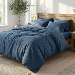 Povlečení Prem MUŠELÍN PREMIUM MODRÁ PORCELÁNOVÁ, jednobarevné, modré, mušelín, 140x200cm + 70x90cm