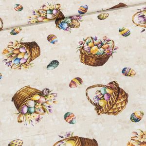 Směsové plátno 513032/6170 VELIKONOCE, košíky s kraslicemi na béžové, š.140cm (látka v metráži)