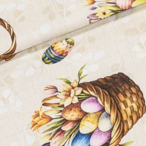 Směsové plátno 513032/6170 VELIKONOCE, košíky s kraslicemi na béžové, š.140cm (látka v metráži)