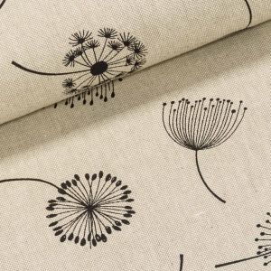 Směsové plátno CALIPSO BLOOM, černé chmýří pampelišky na režné, š.140cm (látka v metráži)