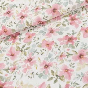 Směsové plátno DAME ROSA, růžové květy na bílé, š.140cm (látka v metráži)