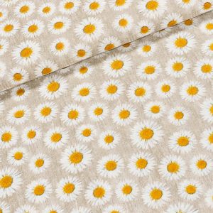 Směsové plátno RENA BÉŽOVÁ, kopretiny na béžovém žíhání, š.140cm (látka v metráži)