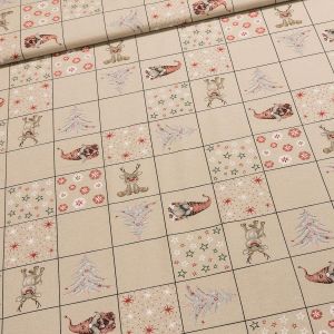Směsové plátno vánoční CIELO CAPULETO 10 skřítci, stromečky a hvězdičky ve čtvercích na režné, š.140cm (látka v metráži)