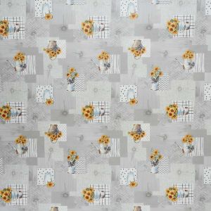 Ubrus PVC s textilním podkladem 1247-2, slunečnice v konvičce, šedá, š.140cm (metráž)