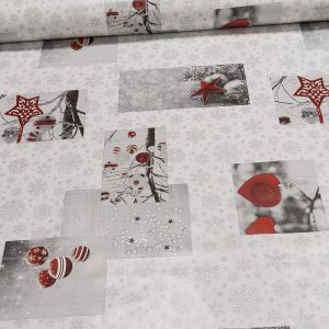 Ubrus PVC s textilním podkladem 125-1 vánoční, baňky a vločky na stříbrnobílé, š.140cm (metráž)