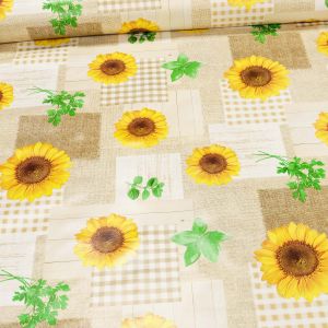 Ubrus PVC s textilním podkladem 5F4/0, slunečnice, pytlovina, kostka béžová, š.140cm (metráž)