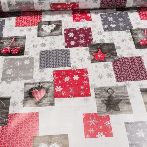 Ubrus PVC s textilním podkladem vánoční 1033-3 vánoční čtverce s vločkami, červená š.140cm (metráž)