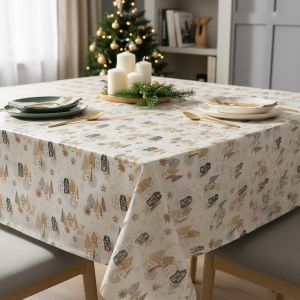 Ubrus PVC s textilním podkladem vánoční 6378-01, vánoční zlatá vesnička na krémové, š.140cm (metráž)