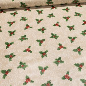 Ubrus PVC s textilním podkladem vánoční N48/01 cesmína na béžové, š.140cm (metráž)