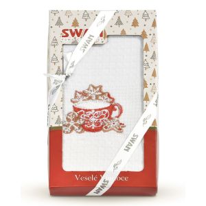 Utěrka KIARA VÁNOCE 18 vaflová vyšívaná, dárkové balení, hrníček a perníčky na bílé, 1 kus 50x70cm