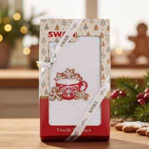 Utěrka KIARA VÁNOCE 18 vaflová vyšívaná, dárkové balení, hrníček a perníčky na bílé, 1 kus 50x70cm
