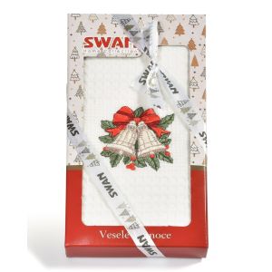 Utěrka KIARA VÁNOCE 19 vaflová vyšívaná, dárkové balení, zvonečky na bílé, 1 kus 50x70cm