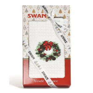 Utěrka KIARA VÁNOCE 20 vaflová vyšívaná, dárkové balení, věneček se šiškami na bílé, 1 kus 50x70cm