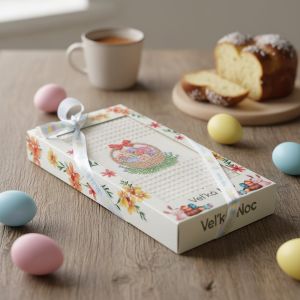 Utěrka KIARA VELIKONOCE 05 vaflová vyšívaná, dárkové balení, kraslice v košíku na smetanové, 1 kus 50x70cm