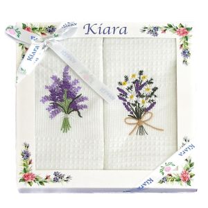 Utěrky KIARA 102 vaflové vyšívané, dárkové balení, levandule a kopretiny na bílé, 2 kusy 50x70cm
