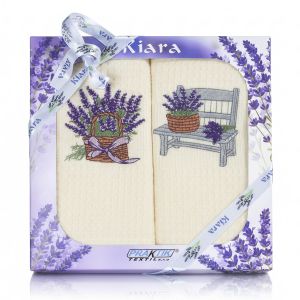Utěrky KIARA 164 vaflové vyšívané, dárkové balení, levandule, lavička na smetanové, 2 kusy 50x70cm