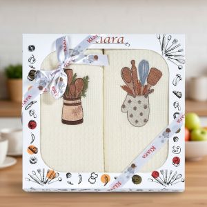 Utěrky KIARA 165 vaflové vyšívané, dárkové balení, vařečky na smetanové, 2 kusy 50x70cm