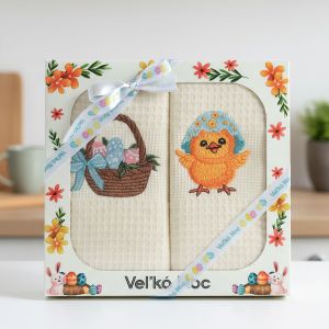 Utěrky KIARA VELIKONOCE 09, vaflové vyšívané, dárkové balení, košík a kuřátko na smetanové, 2 kusy 50x70cm