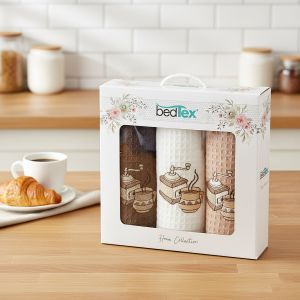 Utěrky vaflové / dárkové balení KÁVOMLÝNEK, béžová s výšivkou, 3 kusy 40x60cm