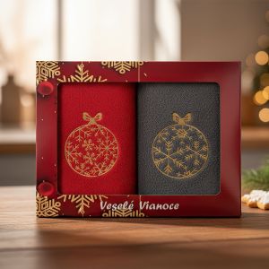 Dárkový set froté ručníků VÁNOCE 11, baňky, šedo-červená 2x 50x100cm