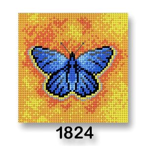 Vyšívací předloha, obrázek na vyšívání 70244/1824, motýl 3, modrý na žluté, 15x15cm