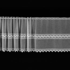 Vitrážová záclona, polyesterový batist V309 vyšívaný proužek s vlnkou, s bordurou, bílá (více výšek, v metráži)