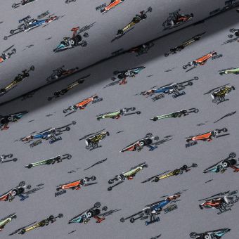 Bavlněný úplet dětský TEPLÁKOVINA 7758-004, formule na šedé, počesaná, š.150cm (látka v metráži)