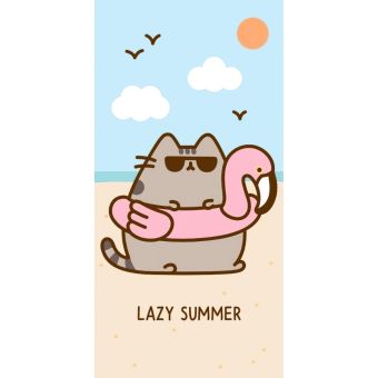 Dětská plážová osuška KOČIČKA PUSHEEN MŇAUMÓZNÍ DOVOLENÁ, modro-béžová, froté, 70x140cm