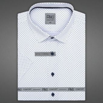 Pánská košile AMJ bavlněná, bílá s puntíky a tečkami VKBR1205, krátký rukáv (regular + slim fit)