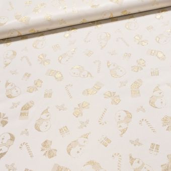 Směsové plátno vánoční REGALOS ORO zlatí sněhuláci, lurex, š.140cm (látka v metráži)