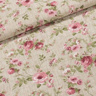 Směsové plátno VERA ROSA růže na pytlovině, růžová, š.140cm (látka v metráži)