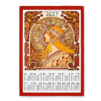 Textilní kalendář, utěrka ALFONS MUCHA 2027, oranžová panna, 45x65cm, bez hůlky