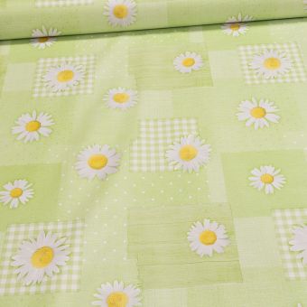 Ubrus PVC s textilním podkladem 5737020, patchwork, kopretiny na zelené, š.140cm (metráž)