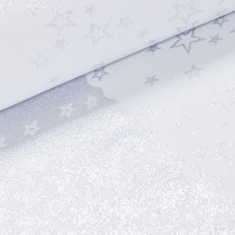 Ubrusovina vánoční / štola teflonová úprava, HVĚZDNÉ PŘÁNÍ, bílá / stříbrná, š.38cm (metráž)
