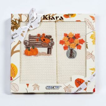 Utěrky KIARA 171 vaflové vyšívané, dárkové balení, lavička a váza na smetanové, 2 kusy 50x70cm