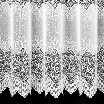 Žakárová záclona 727, ornamenty v pruzích, s bordurou, bílá, (více výšek, v metráži)