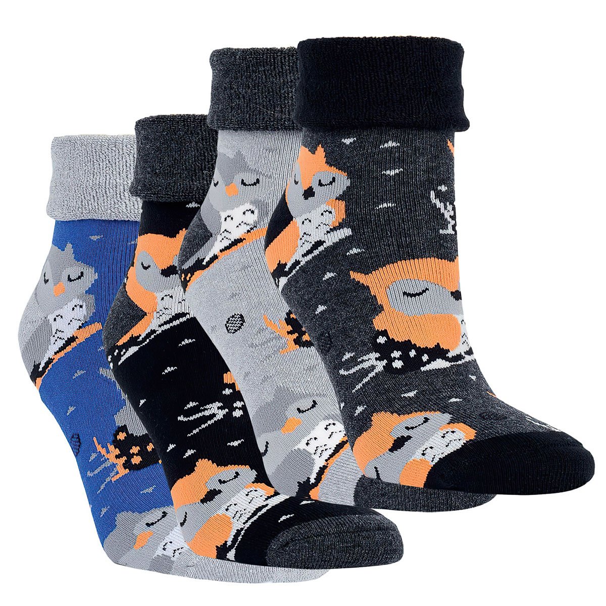 Ponožky teplé froté 12784, sovičky mix, ohrnovací, dámské, 4 páry, vel. 39-42