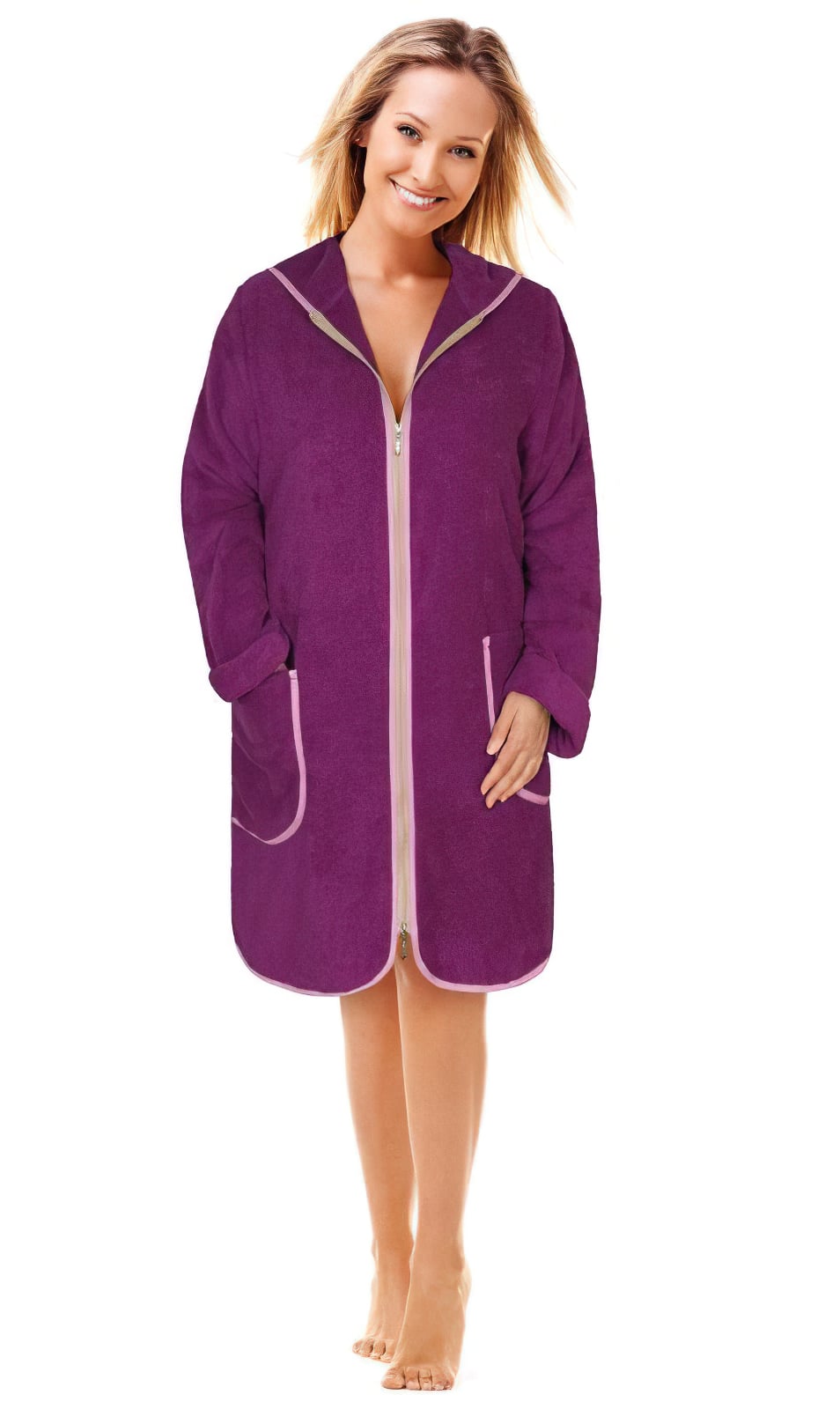 Levně Bellatex Župan FROTÉ NA ZIP 4847/019 fialový, bavlněné froté, 330 g/m², dámský, velikost L