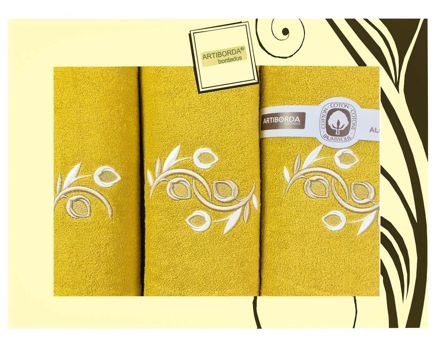4sleep dárkový set froté ručníků a osušek 126, 3-dílný, medová (okrová) s výšivkou, 1x 30x50cm + 1x 50x90cm + 1x 70x140cm