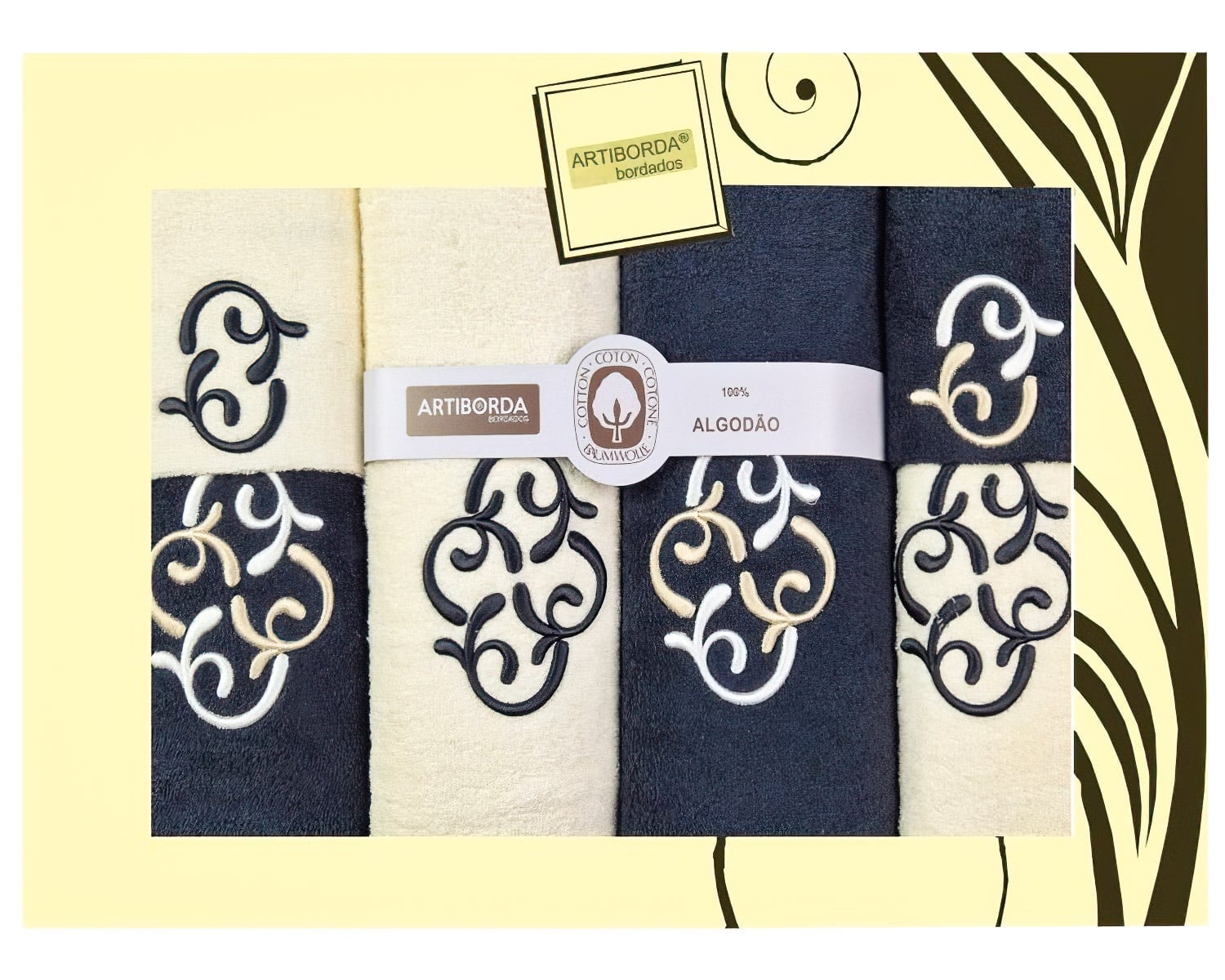 4sleep dárkový set froté ručníků a osušek 180, 6-dílný, černá a krémová s výšivkou 2x 30x50cm + 2x 50x90cm + 2x 70x140cm