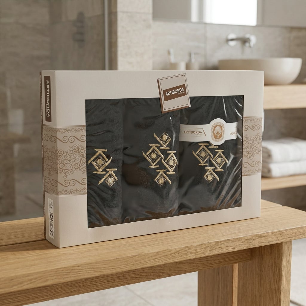 4sleep dárkový set froté ručníků a osušek 357, 3-dílný, černá s výšivkou, 1x 30x50cm + 1x 50x90cm + 1x 70x140cm