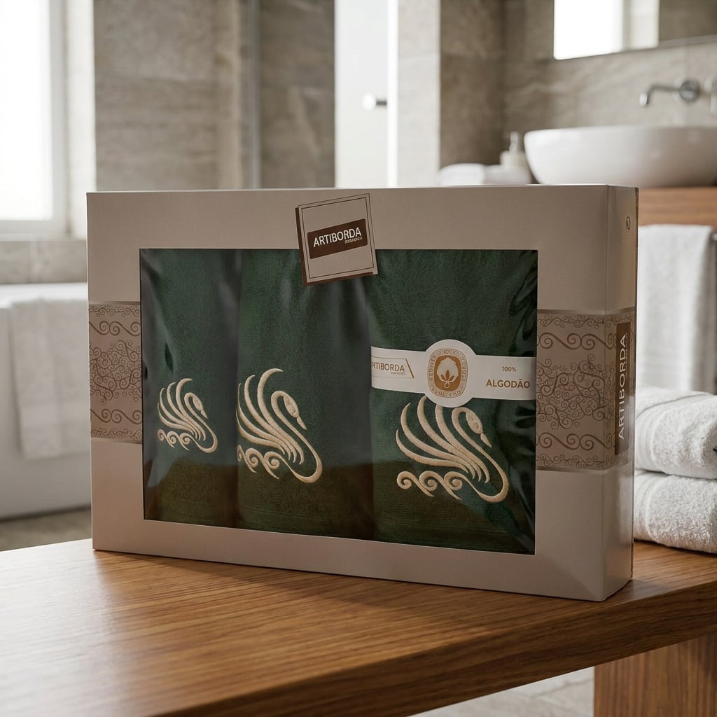 4sleep dárkový set froté ručníků a osušek 380, 3-dílný, tmavě zelená s výšivkou, 1x 30x50cm + 1x 50x90cm + 1x 70x140cm