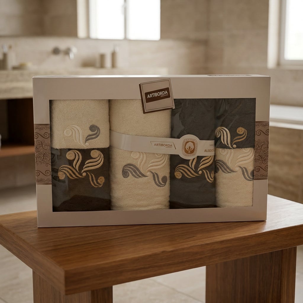 4sleep dárkový set froté ručníků a osušek 398, 6-dílný, grafit/ krémová s výšivkou 2x 30x50cm + 2x 50x90cm + 2x 70x140cm